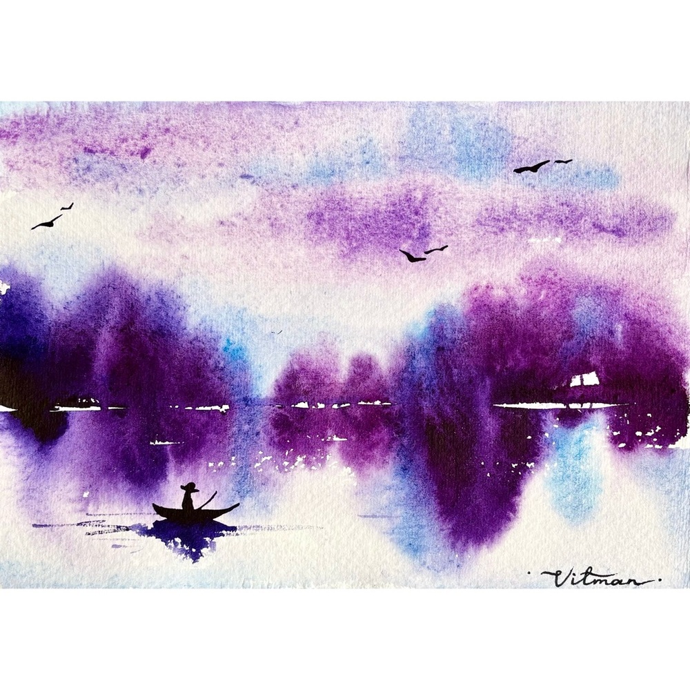 🌌 Phantom Shore – Mystical Purple Watercolor Painting, Dreamy Lake Art 💜